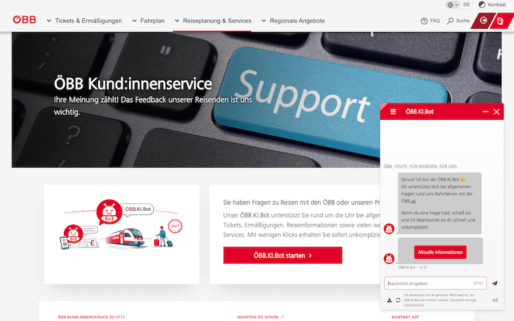 Screenshot des Chatbots zum Self-Service der OEBB Website