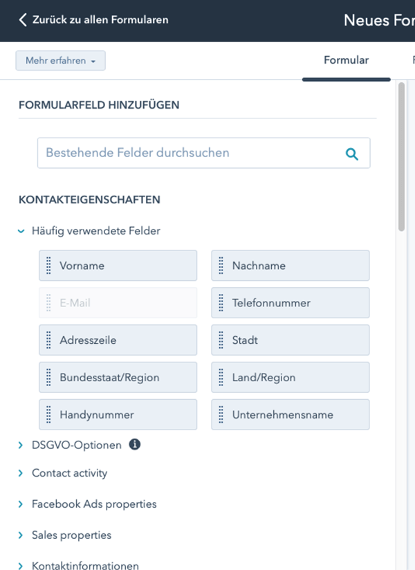 Eigenschaften des Formulars