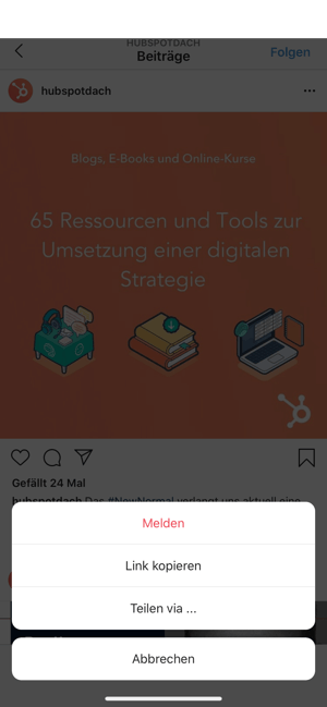 So reposten Sie auf Instagram - Im Beitrag auf die drei horizontalen Punkte (...) Tippen & dann auf „Link kopieren“.