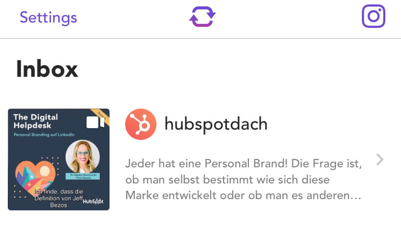 „Inbox“: Instagram-Beitrag zum Reposten inklusive Accountnamen und Bildunterschrift.