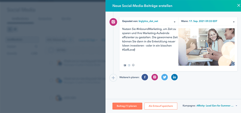 Instagram Beitrag planen mit HubSpot