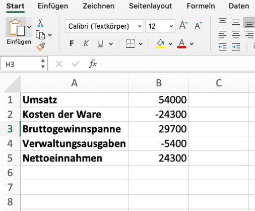 Wasserfalldiagramm mit Excel Wertetabelle