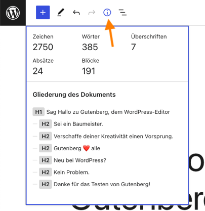 WordPress-Gutenberg-Editor Überschriften und Zeichenanzahl