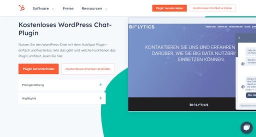 Screenshot HubSpot Webseite zum HubSpot WordPress Chat Plugin 