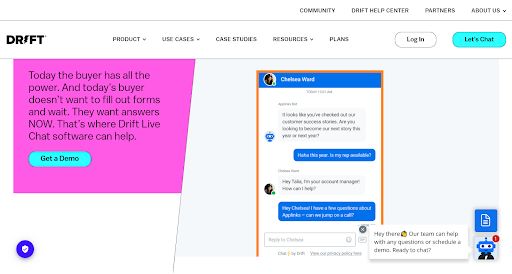 Screenshot Drift Webseite zum Drift WordPress Chat Plugin 