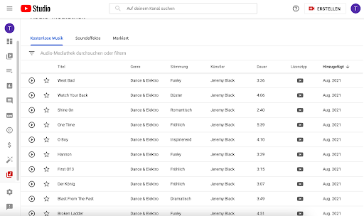 Youtube-Musik im youtube studio auswählen