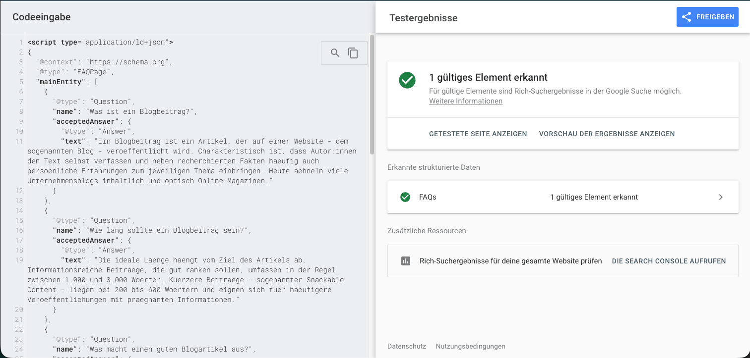 Screenshot aus dem Schema-Checker von Google
