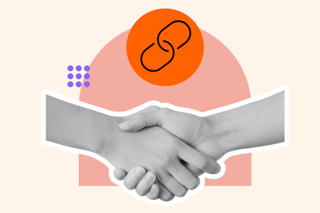 Haendeschlag als Symbol fuer Affiliate-Partner und ein Link-Symbol fuer Affiliate-Link
