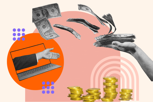 Affiliate-Programme mit einer Collage mit Geldscheinen, Handschlag und einem Laptop dargestellt