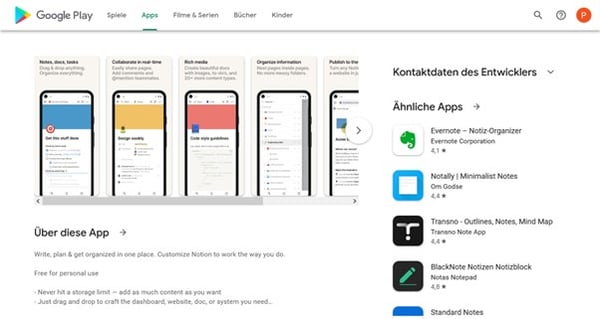 Screenshot Apps fuer Produktivitaet und Zeitmanagement Notion