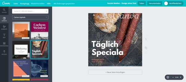 Screenshot Canva Bildbearbeitung Vorlage aussuchen