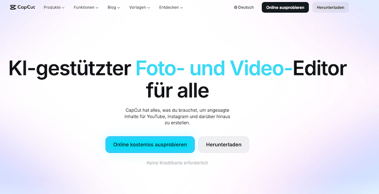 Screenshot der Cap Cut Website
