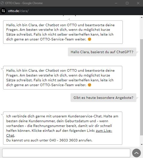 Screenshot Beispiel für Chatbot Otto