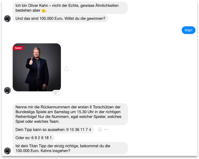 Auszug aus einem Chatverlauf mit dem „Titan-Tipp“ Auszug aus einem Chatverlauf mit dem „Titan-Tipp“