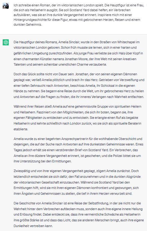 ChatGPT Beispiel: Ich schreibe einen Roman und brauche Hilfe bei der Hintergrundgeschichte meiner Hauptfigur.