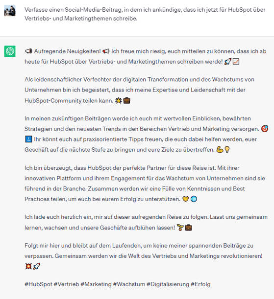 ChatGPT Beispiel: Verfasse einen Social-Media-Beitrag, in dem ich ankündige, dass ich jetzt für HubSpot über Vertriebs- und Marketingthemen schreibe.