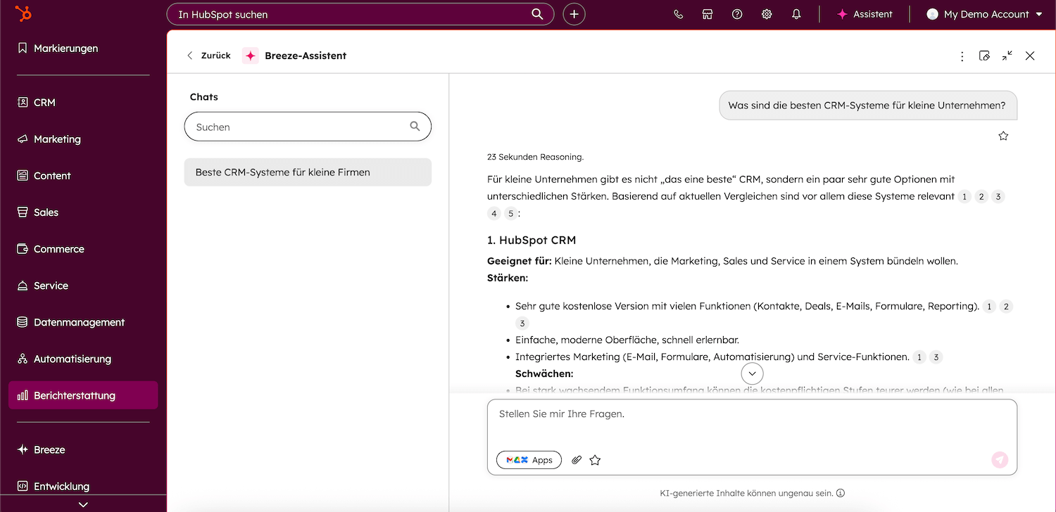 Screenshot des HubSpot Agent Hub Chatfensters in HubSpot