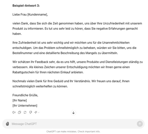 ChatGPT im Kundenservice Beispiel Antwort unzufriedene Kundschaft
