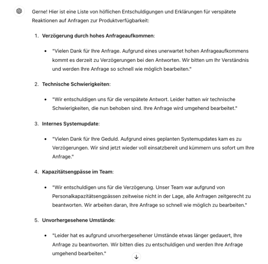 ChatGPT im Kundenservice Beispiel Entschuldigung für verspätete Reaktionszeit