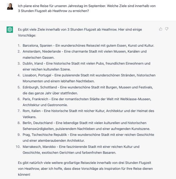 ChatGPT Frage nach Reisezielen von Heathrow aus