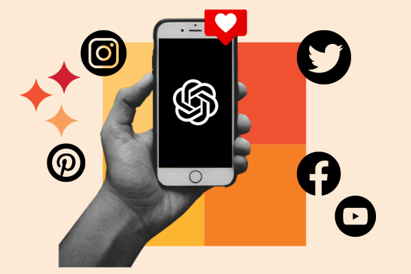Smartphone wird in der Hand gehalten und ist umgeben von Social-Media-Logos