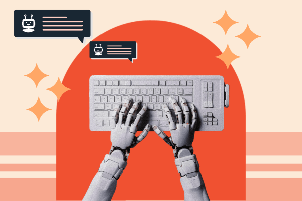 Conversational AI dargestellt mithilfe von Roboterhaenden, die auf einer Tastatur tippen