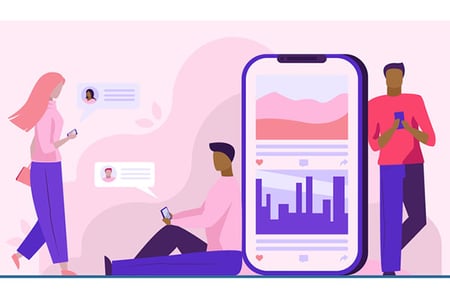 Illustration von Kundin und Kunden am Smartphone als Symbol für Customer Engagement