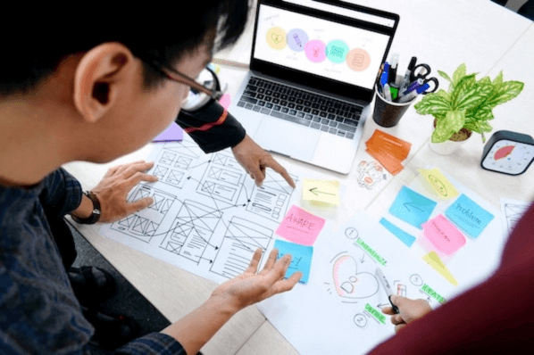Personen führen Design-Thinking-Prozess mit Laptop und Blättern durch