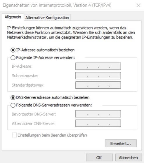 Screenshot aus Windows zum DNS-Server ändern