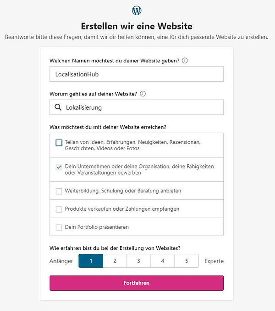 wordpress formular zur website-erstellung ausfüllen