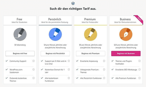 wordpress tarif auswählen