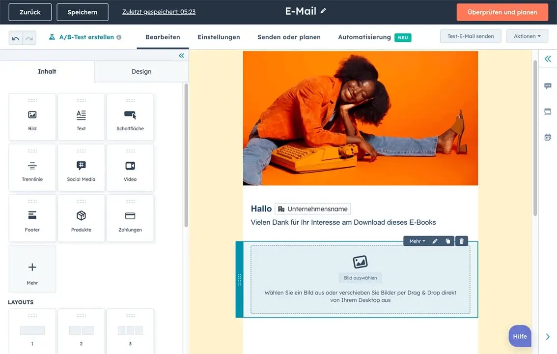 Screenshot HubSpot E-Mail-Tool mit Drag and Drop Editor