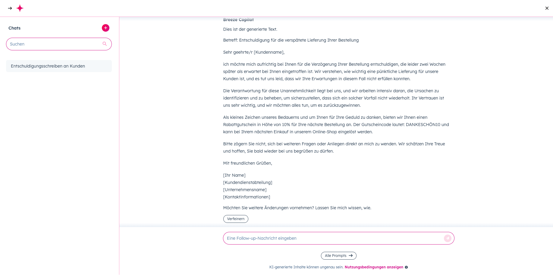 Screenshot aus KI-Assisent Agent Hub zur Erstellung eines Entschuldigungschreiben