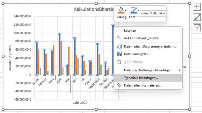 Trendlinie hinzufuegen im Excel-Diagramm