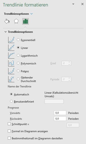 Trendlinie formatieren unter Trendlinienoptionen