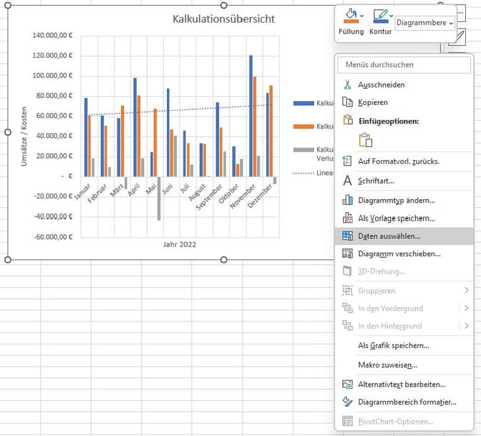 Funktion Daten auswaehlen im Excel-Diagramm