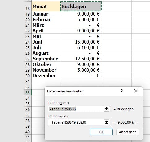 Datenreihe bearbeiten in einer Excel-Tabelle