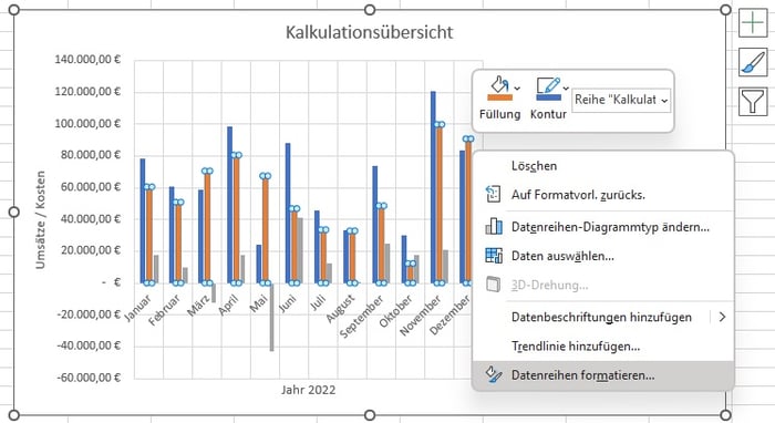 Datenreihen formatieren in Excel Kontextmenue