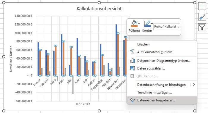 Datenreihen formatieren in Excel Kontextmenue 