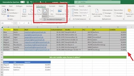 Screenshot Menü Excel-Druckbereich festlegen
