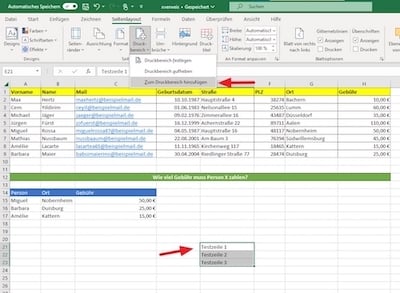 Screenshot Excel-Druckbereich für mehrere Seiten festlegen