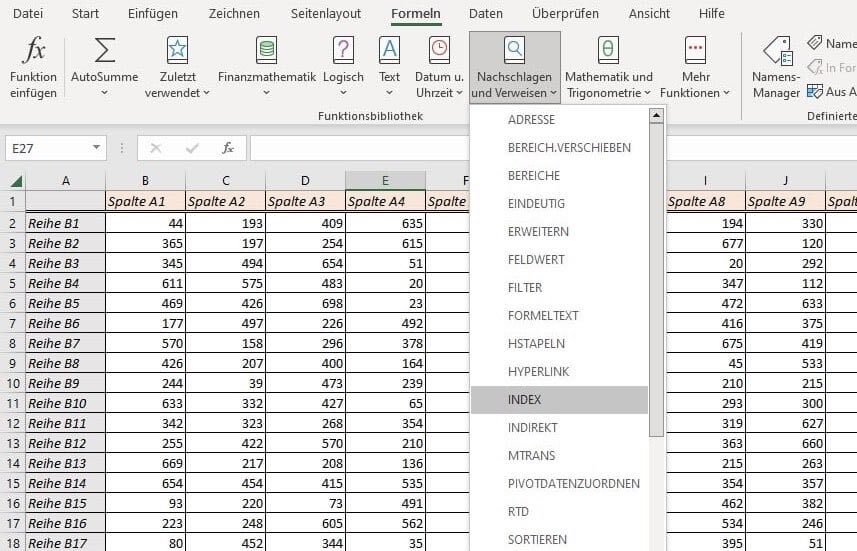 Screenshot Excel-Tabelle mit Matrix-Funktion