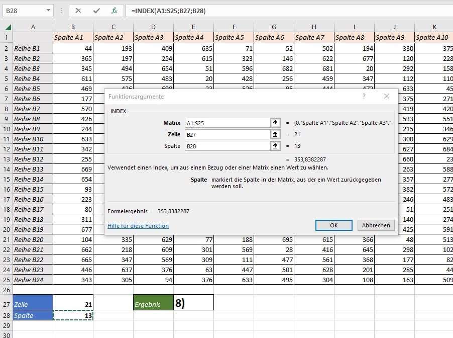 Screenshot Zellbereich in Excel-Tabelle für Index-Funktion