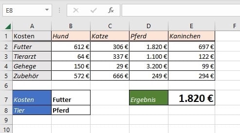 Screenshot Excel-Index-Funktion kombiniert mit Vergleich-Funktion
