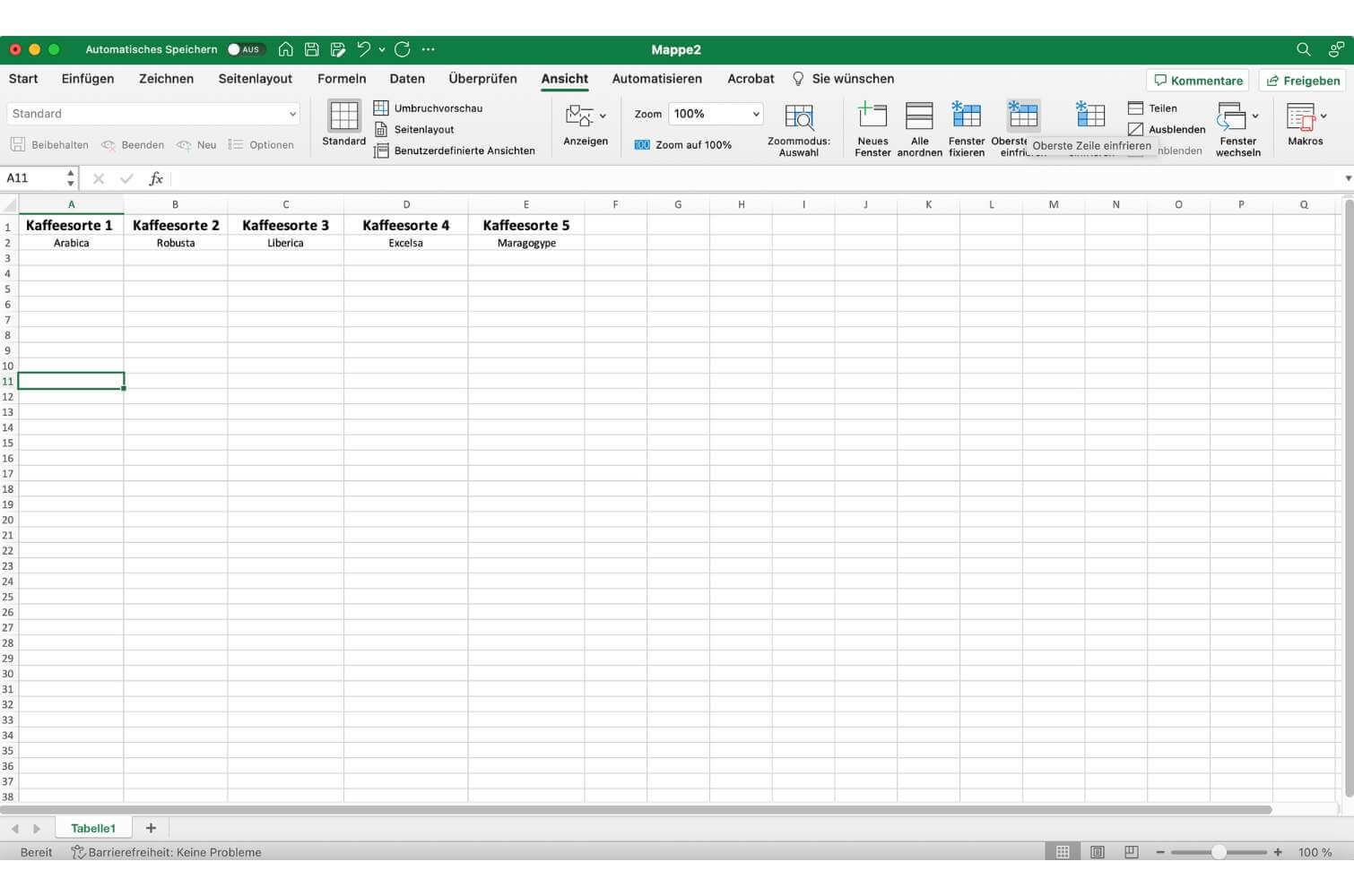 Screenshot, wie man bei Excel die oberste Zeile fixiert.