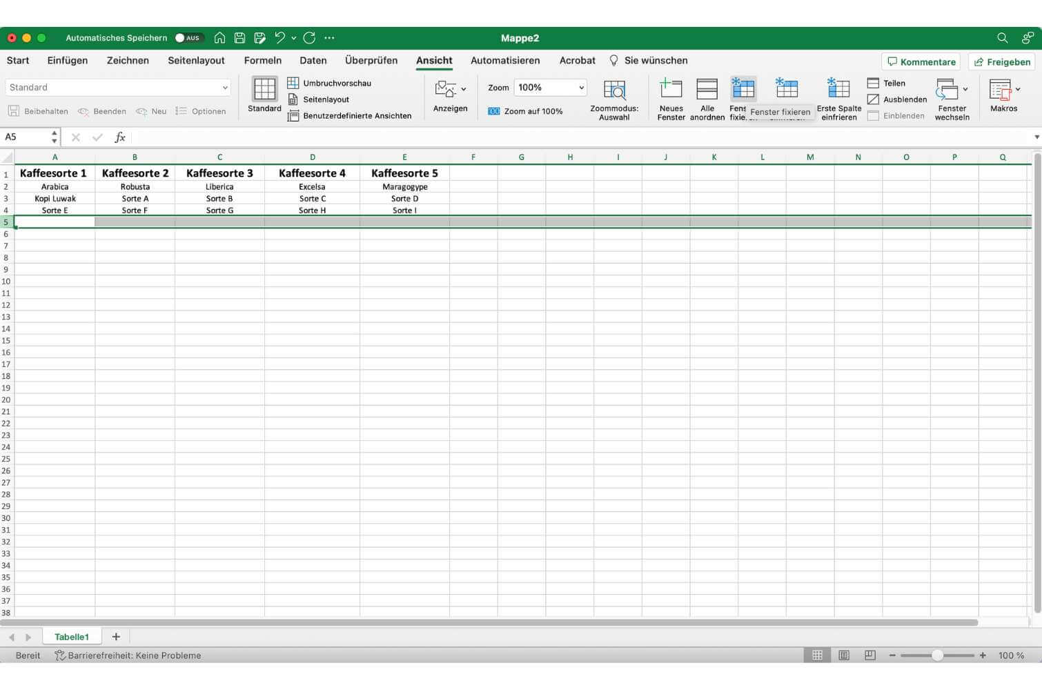 Screenshot von Microsoft Excel.