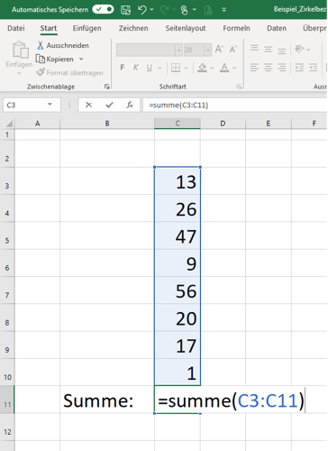 Screenshot Beispiel Excel-Zirkelbezug