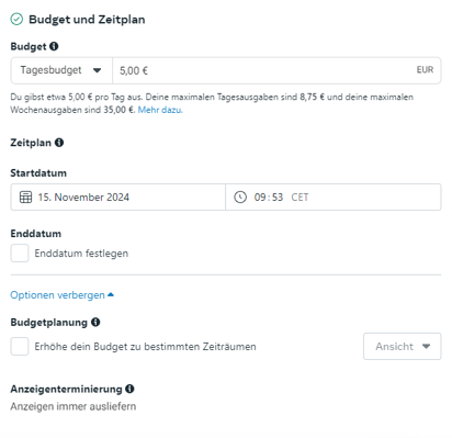 Screenshot aus dem Facebook Werbeanzeigenmanager Budget und Zeitplan 