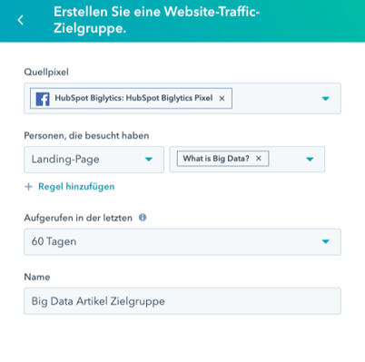 Screenshot HubSpot Anzeigenmanager fuer Facebook Ads Erstellung einer Website Traffic Zielgruppe