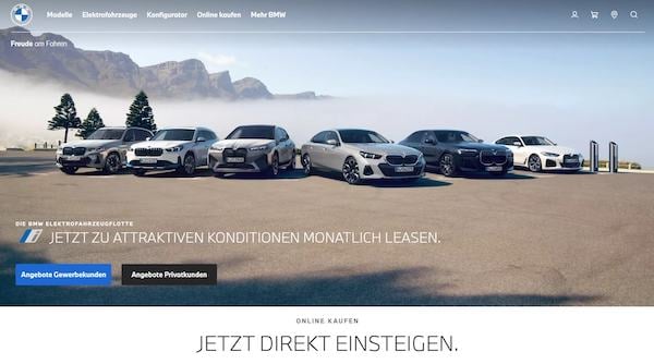 Screenshot der BMW-Website mit blauem Farbschema